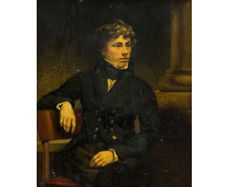 British School, early to mid-19th century- Portrait of a young gentleman, seated three-quarter length, by a column, in a blac