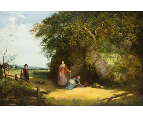 Robert Cooper, British fl.1850-1874- Landscape with figures collecting water from a spring; oil on canvas, signed and dated '