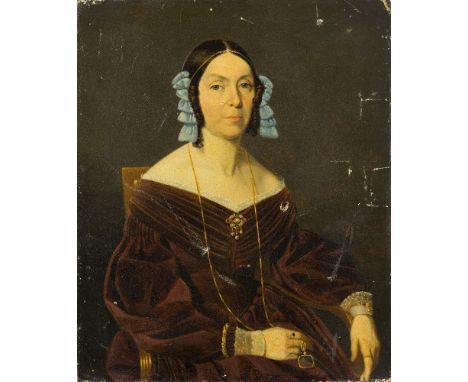 George Catlin, American 1796-1872- Portrait of a lady, seated half-length, in a brown dress and with blue ribbons in her hair