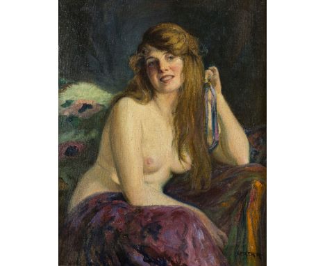 Richard Geiger, Austrian 1870-1945- Portrait of a lady holding a ribbon; oil on canvas, signed 'GEIGER.R.' (lower right), bea