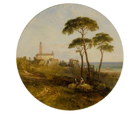 George Edwards Hering, British 1805-1879- Mediterranean coastal landscape; oil on panel, tondo, diameter 24.2 cm. Provenance: