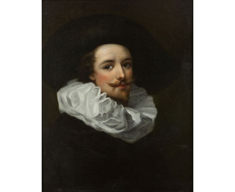 Dutch School, mid-late 19th century- Portrait of a gentleman, bust-length, wearing a white ruff and black coat and hat; oil o