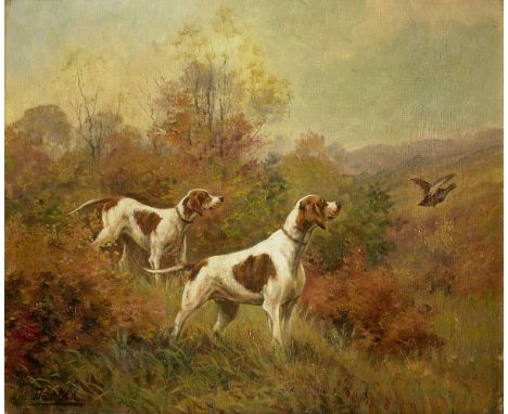 Maurice Etienne Dantan, French, late 19th / early 20th century- Pointers flushing out a pheasant; oil on canvas, signed 'Dant