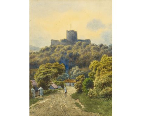 Joseph William Carey, RUA, Irish 1859-1937- Villager on a path with a hill top castle beyond; watercolour and bodycolour heig