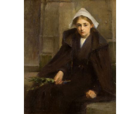 Marie Thérèse Duchateau, French 1870-1953- Portrait of a young woman, seated three-quarter length holding a flowering branch;