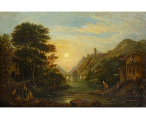 Katherine Georgiana Fonnereau, British 1806-1885- Figures by a river; oil on canvas, bears old inscribed label '1014 / K.G. F