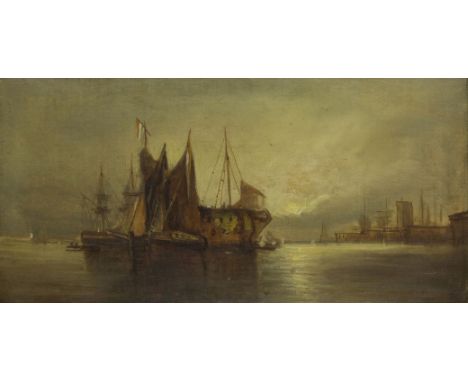 Attributed to Richard Henry Nibbs, British 1816-1893- Shipping scenes at sunset; oils on canvas, each bears old inscription '