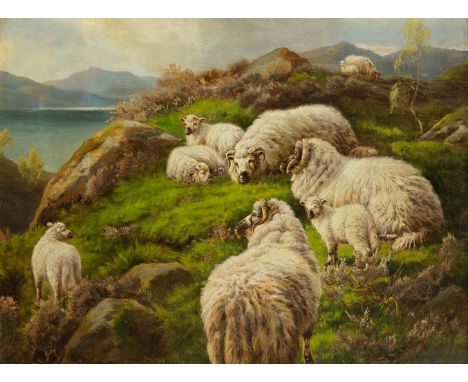 Follower of Robert Watson, British 1865-1916- Sheep on a grassy cliffside; oil on canvas, bears signature 'R. WATSON.' (lower
