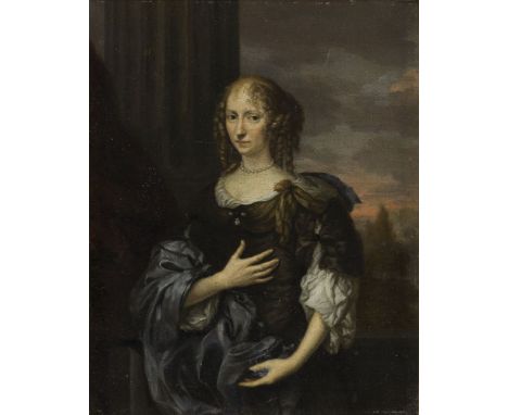 Circle of Johannes Vollevens the Elder,Dutch 1649-1728-Portrait of a lady, half-length, wearing a brown and white dress with 