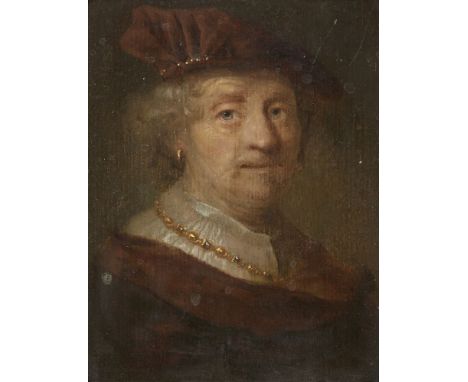 Follower of Govaert Flinck, Dutch 1615-1660- A man, head and shoulders, in a brown cloak, velvet cap and gold chain; oil on p