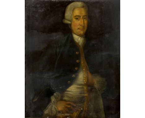 European School, mid-18th century, Portrait of a gentleman, half-length, in a blue coat with gold brocade; and Portrait of a 