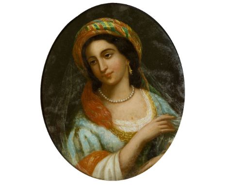 Circle of Jean-François Portaels, Belgian 1818-1895- Portrait of a lady in Oriental dress; oil on canvas, oval, 63.5 x 52.5 c