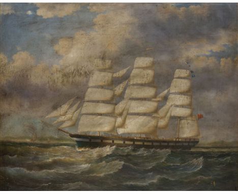 Attributed to George Mears, British 1826-1906- Barque under full sail in choppy waters; oil on canvas laid down on board, sig