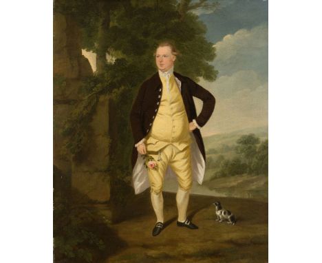 Daniel Dodd, British fl.1752-1780- Portrait of a gentleman, small full-length, in a brown coat and yellow waistcoat and breec
