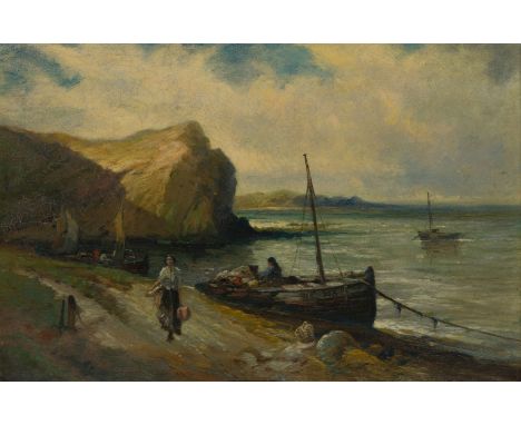 Edwin Ellis, RBA, British 1841-1895- A coastal view with fisherfolk moored on the shore; oil on canvas, indistinctly signed (