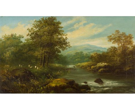 Roberto Angelo Kittermaster Marshall, British 1849-1926- A wooded river landscape with sheep; oil on canvas, signed 'R. Marsh