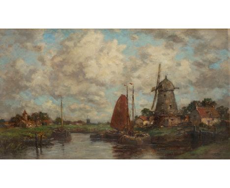 Jacob Henricus Maris, Dutch 1837-1899- Dutch canal with sailing boats by a windmill; oil on canvas, signed 'Jacob Maris.' (lo