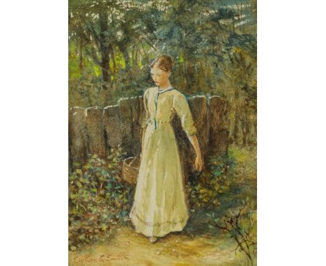 Carlton Alfred Smith, RI, RBA, ROI, British 1853-1946- A lady walking in a garden, holding a basket; pencil and watercolour h