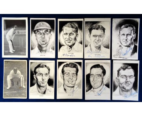 Postcards, Cricket, 8 caricatures of 1950s County cricketers, all signed inc. Alec Bedser, Len Hutton, Bill Edrich, Godfrey E