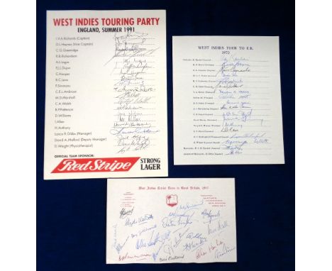 Cricket autographs, West Indies, three Official headed tour sheets for tours to the UK, multiple original ink signatures on e