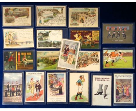 Postcards, a subject mix of 18 cards inc. Gruss Aus cards from Cape Town (trimmed), Port Said (2), Cairo, Simla, McGill comic