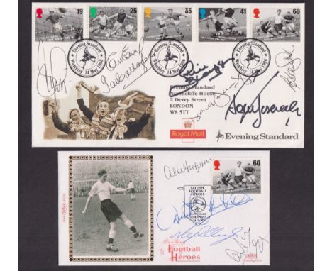 Football autographs, two signed commemorative covers, one a British Football Heroes Cover signed by four including Danny Blan
