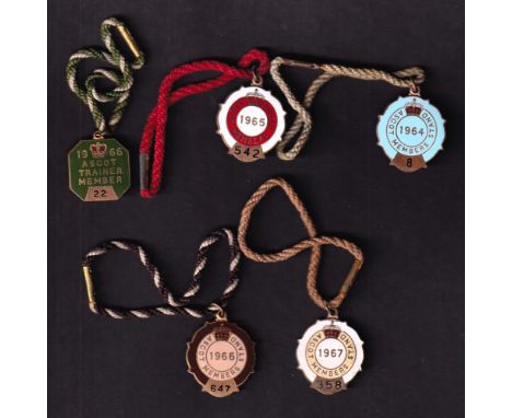 Royal Ascot, five enamel badges, four Members Stand Badges for 1964, 65, 66 & 67, sold with Ascot Trainer Member badge for 19