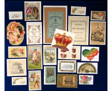 Advertising Cards, 23 early advertising items to include Au Bon Marche (mechanical), The Globe Lawn Mower, Fowler Bros stock 
