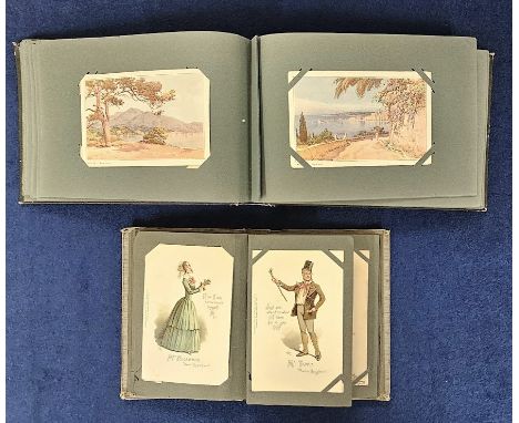 Postcards, a mixed collection of approx. 345 cards in 4 vintage albums. Includes 31 cards of characters from Dickens with 18 