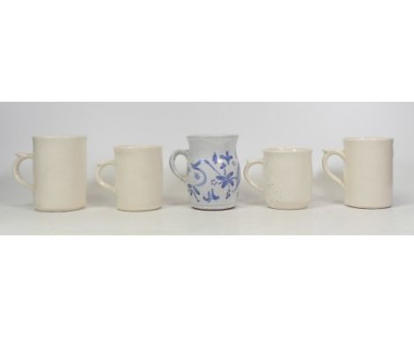 Isabella Pope, Five Studio Pottery Mugs including one handpainted floral example. Pope was a Master Potter and teacher who cr