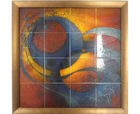 Alan Clarke and Janice Tchalenko, Framed Sixteen Tile Panel with Handpainted Abstract Designs. Size incl frame, Height: 68cm 
