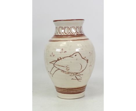 Isabella Pope, Studio Pottery Baluster Vase handpainted with birds in Iron Red.. Pope was a Master Potter and teacher who cre