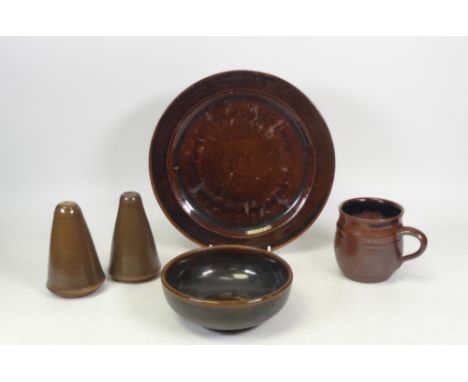 Isabella Pope, Five Studio Pottery Useful Ware Items including Plate, Bowl, Salt and Pepper Pots and a Mug. Pope was a Master