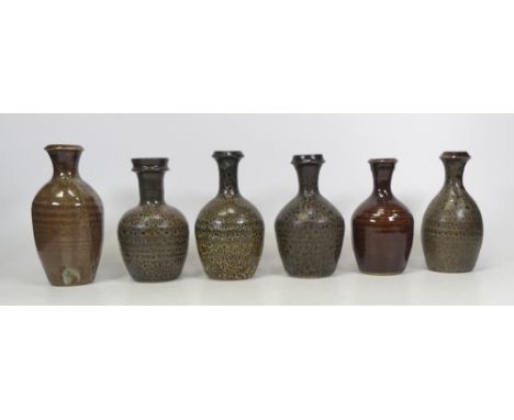 Isabella Pope, Six Studio Pottery Mottled Glaze Vases. Pope was a Master Potter and teacher who created these forms inspired 