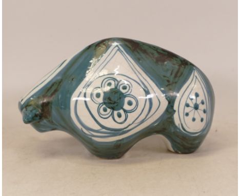 D T Sharp for Rye Pottery, Modernist model of a Bull. Decorated with stylised floral motifs on blue and brown mottled ground.