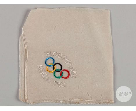 A 1936 Berlin Olympic handkerchief embroidered XL OLYMPIADE BERLIN 1936, tearing along edges, 22 x 22cm.