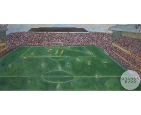 Arsenal v Tottenham Hotspur match, acrylic on board, featuring Arsenal scoring a goal in front of the North Bank Stand at Hig
