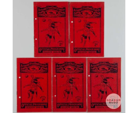 Five 1930's Arsenal home programmes, including Arsenal v Wolves 1933/34, Derby County 1933/34, Tottenham Hotspur 1933/34, New