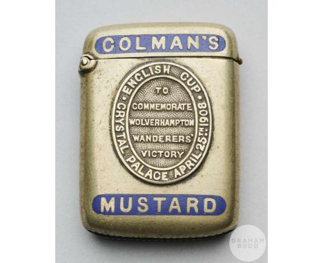White-metal and enamel 1908 F.A.Cup Colman's Mustard commemorative vesta case, inscribed COLMAN'S MUSTARD. ENGLISH CUP, CRYST