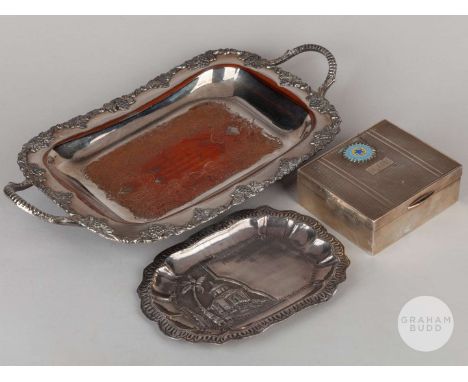 Lance Gibbs sterling silver and enamel cigarette case, the lid inscribed L.R. Gibbs, a Sheffield plate presentation two-handl