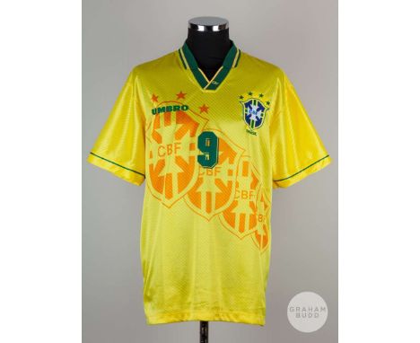 Ronaldo yellow and green No.9 Brazil short-sleeved shirt, 1996, player issue, Umbro, size L, v-neck collar with embroidered b