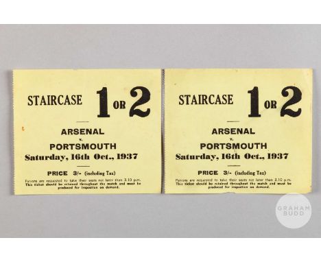 An interesting pair of yellow Staircase tickets for Arsenal v Portsmouth, October 16th 1937 at Highbury Stadium, both showing