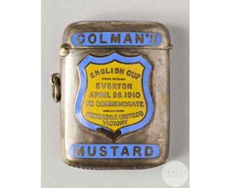 White-metal and enamel 1910 F.A.Cup Colman's Mustard commemorative vesta case, inscribed COLMAN'S MUSTARD. ENGLISH CUP, EVERT