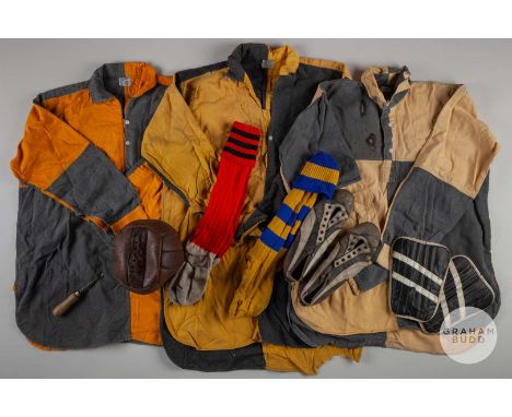 Interesting collection of vintage football clothing and equipment, circa early-mid 1950s, including pair of Puma football boo