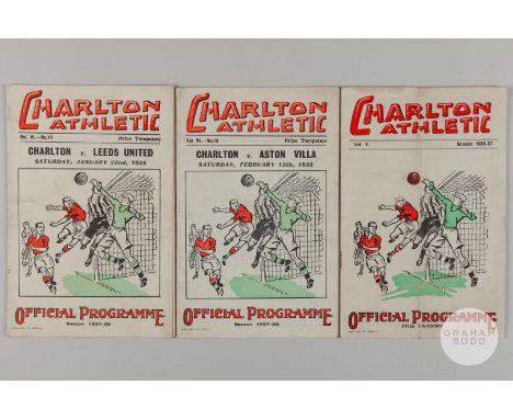 Three Charlton Athletic 1930's home programmes, from games against Huddersfield Town, Aston Villa and Leeds United, with all 