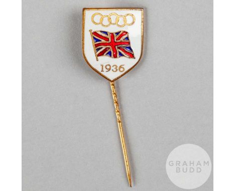 Ernest Johnson 1936 Berlin Olympic Games Great Britain team lapel pin, by Phillips Aldershot, gilt-metal shield-shaped enamel