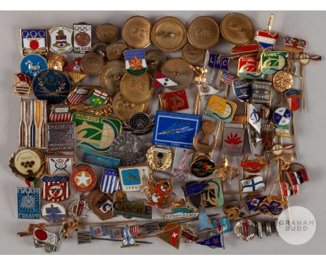 Geoffrey Page a nice collection of enamel rowing and Olympic lapel badges and set of Leander Club brass blazer buttons