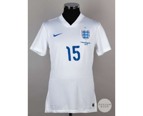 Theo Walcott white No.15 England v. Scotland match issued short-sleeved shirt, 2014 with v-neck collar and embroidered three 