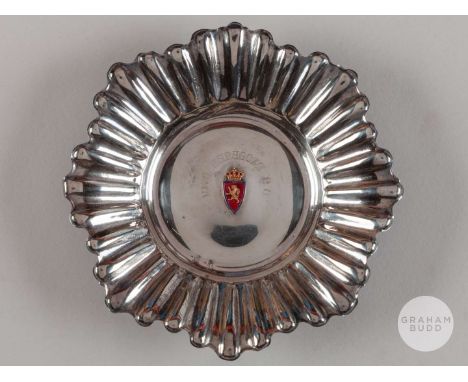 Joe Kirkup continental silver and enamel Real Zaragoza dish, with scrolled edges inscribed “REAL ZARAGOZA C.D” along with sma