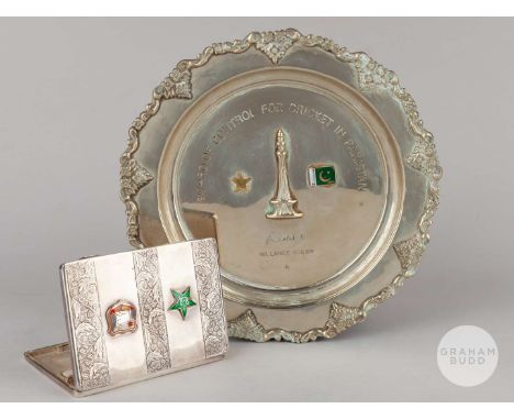 Lance Gibbs white-metal and enamel presentation dish inscribed BOARD OF CONTROL FOR CRICKET IN PAKISTAN, Presented to MR LANC